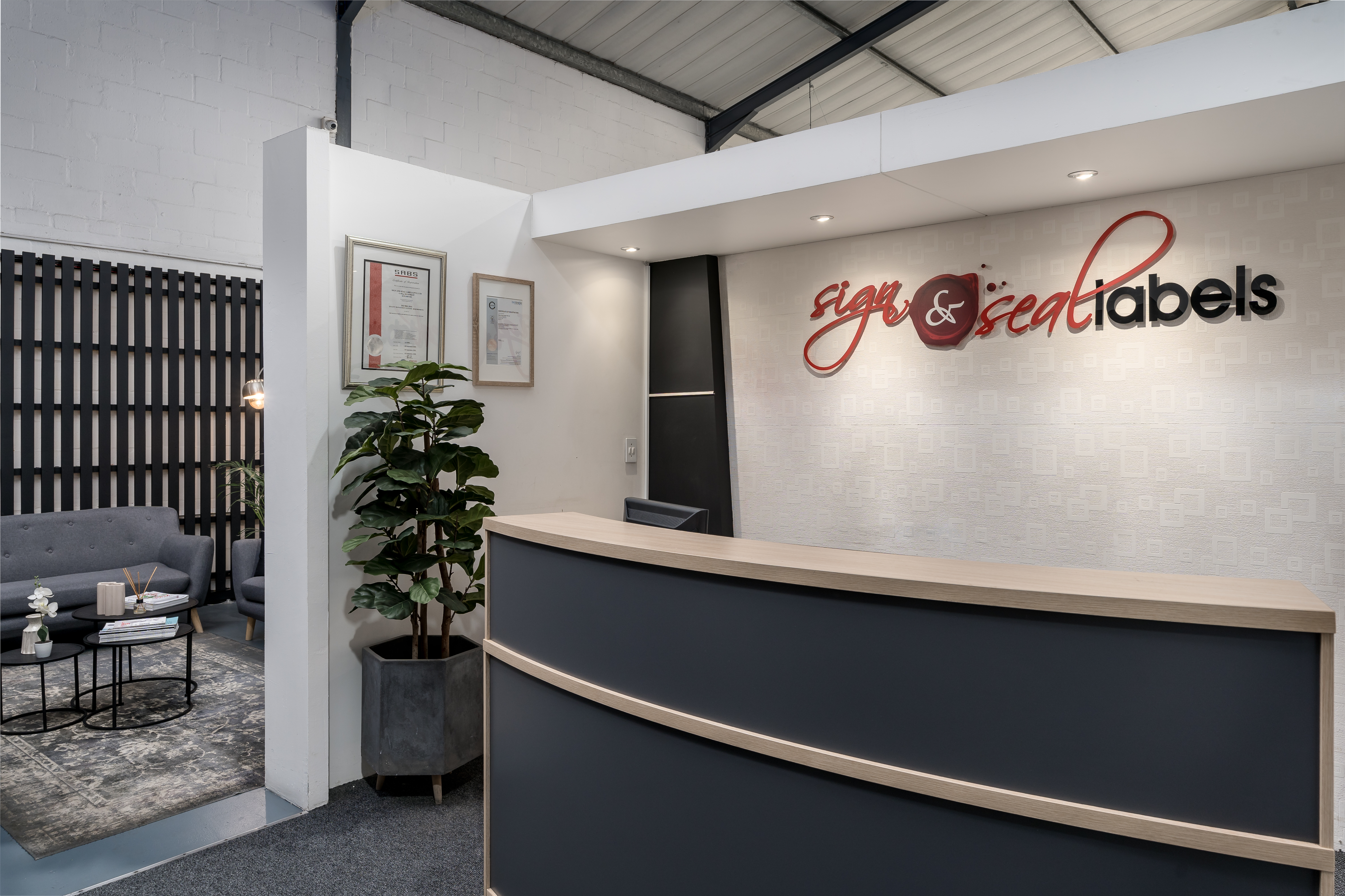 Modern reception area at Sign & Seal Labels Cape Town facility